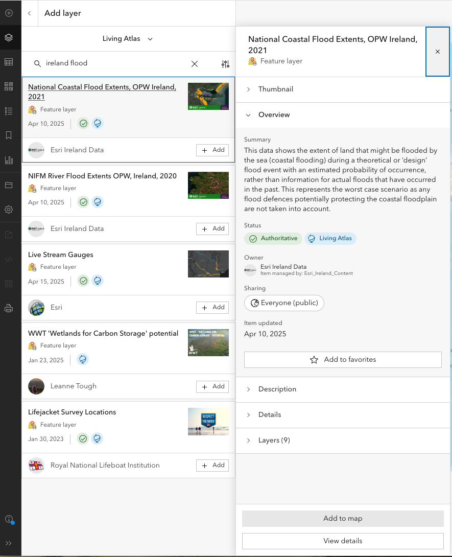 Search in ArcGIS Map Viewer - Click on any item to see Summary and other item information.